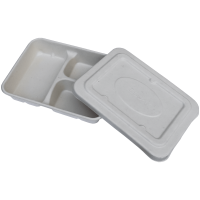 Set 50 caserole bio din carton, albe, cu 3 compartimente si capac separat